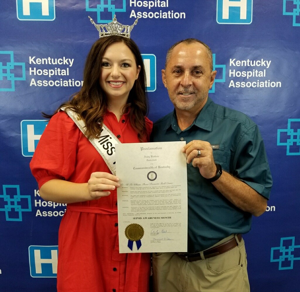 Miss Kentucky, Hannah Edelen, and sepsis survivor Darrell Raikes with Governor's Sepsis Month Declaration